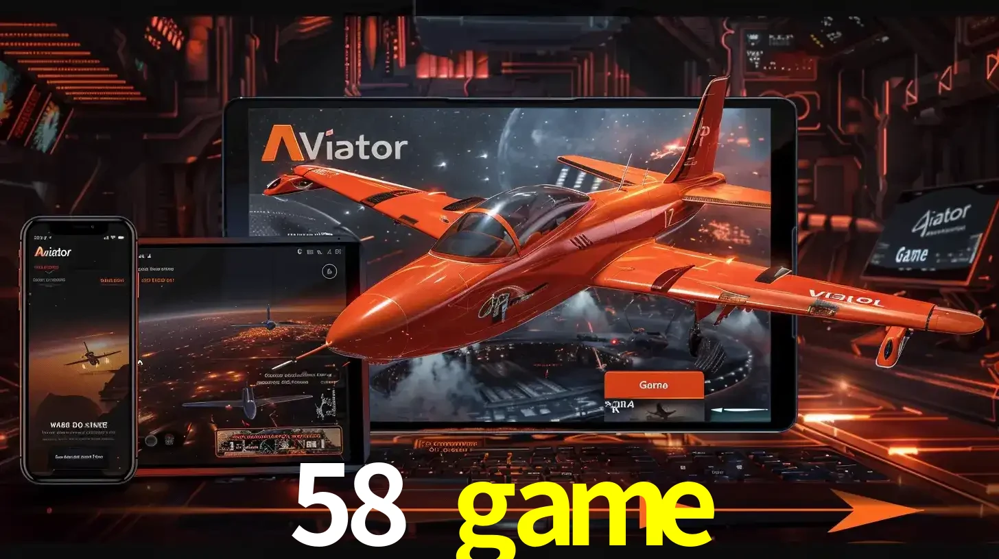 Apresentação tecnológica do jogo Aviator com um avião saindo da tela de um tablet, demonstrando a experiência imersiva em múltiplos dispositivos no 58 game.