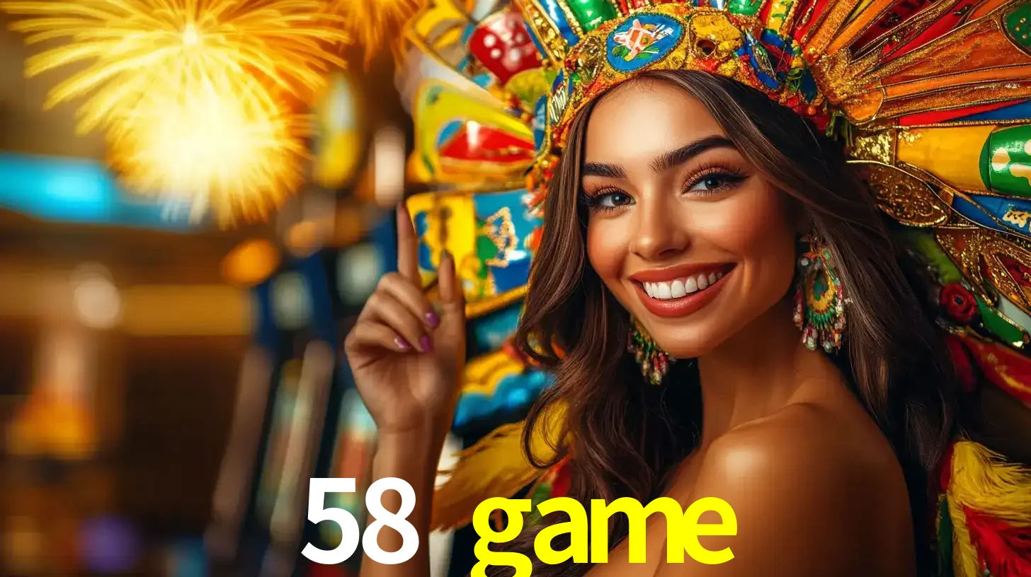 Mulher sorridente com um cocar de carnaval vibrante e colorido, celebrando uma grande vitória nos jogos do cassino 58 game com fogos de artifício ao fundo.