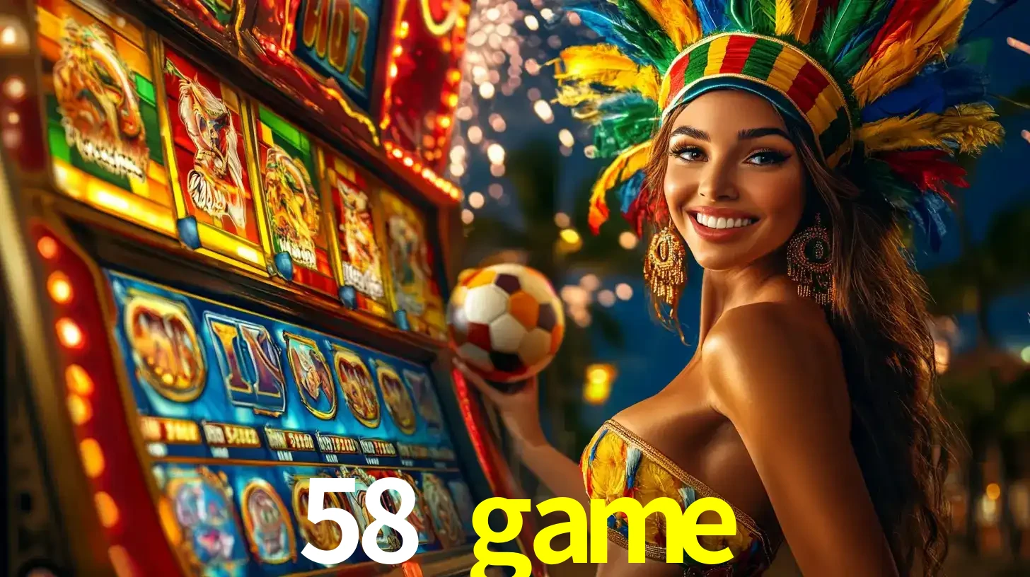 Mulher com um cocar de carnaval ao lado de uma máquina de caça-níqueis enquanto segura uma bola de futebol, mostrando a união da diversão de cassino e esportes no 58 game.