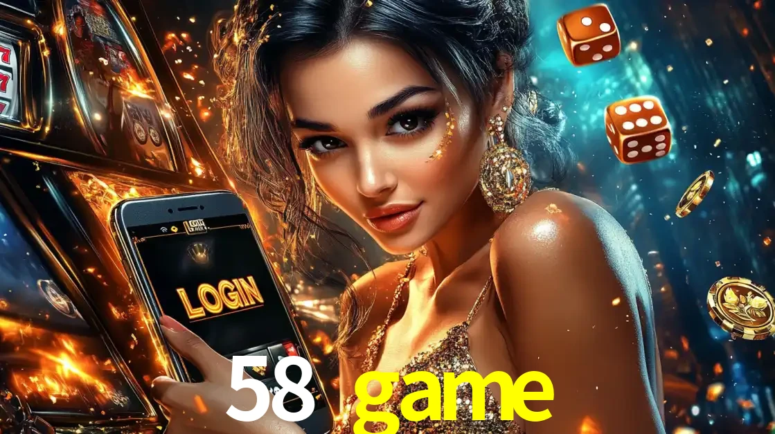 Mulher glamourosa segurando um celular com a tela de login do cassino 58 game, rodeada por dados e moedas douradas, pronta para começar a diversão.
