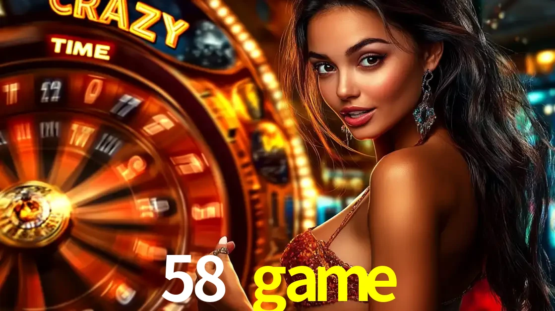 Mulher ao lado da roda de prêmios do jogo de cassino ao vivo Crazy Time, um dos shows de jogos mais emocionantes oferecidos pela plataforma de apostas 58 game.