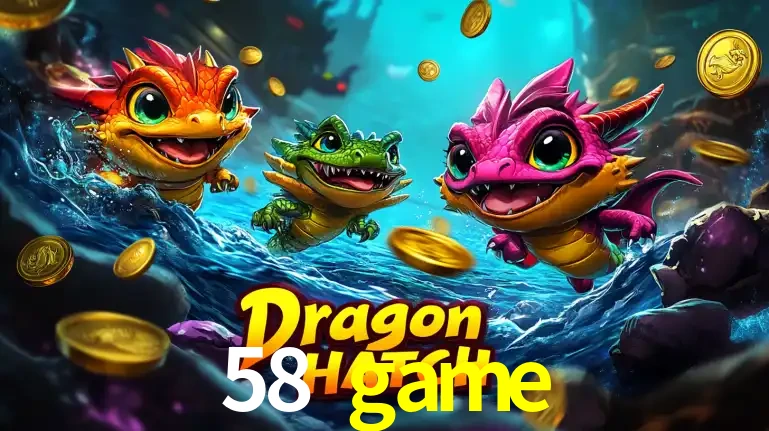 Arte promocional do jogo Dragon Hatch com três adoráveis dragões bebês nadando entre moedas de ouro, um dos slots mais divertidos para jogar no cassino 58 game.