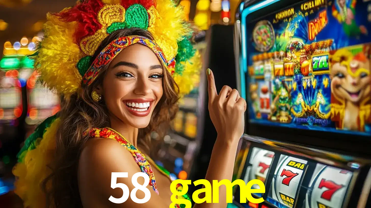 Mulher animada com um cocar de carnaval apontando para uma máquina de caça-níqueis, mostrando a emoção de ganhar um grande prêmio nos jogos do 58 game.