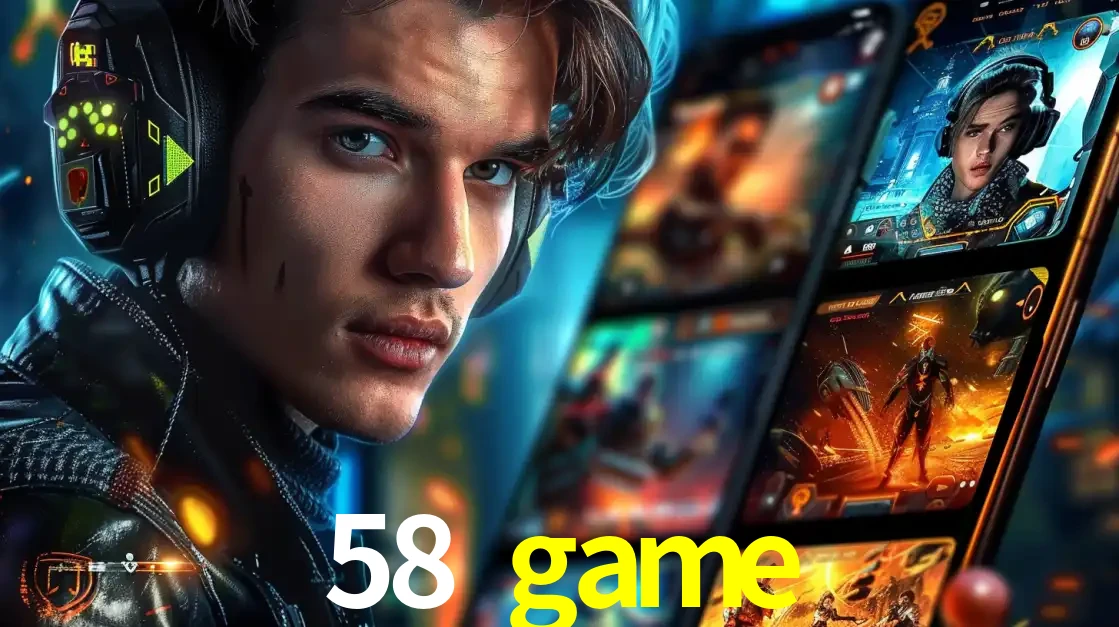Jovem jogador com fones de ouvido olhando para a câmera, com um aplicativo de jogos e e-sports para celular ao fundo, pronto para a competição e apostas no 58 game.