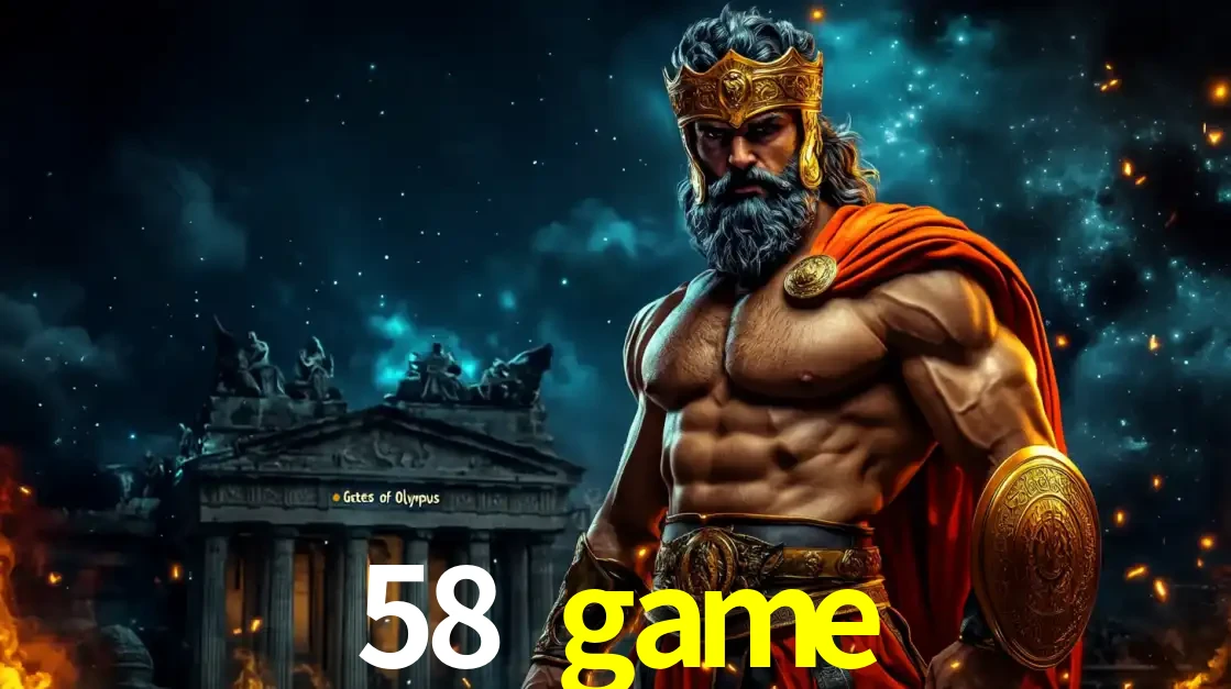 O poderoso Zeus do jogo de slot Gates of Olympus em frente ao seu templo, pronto para lançar multiplicadores divinos e prêmios épicos no cassino online 58 game.