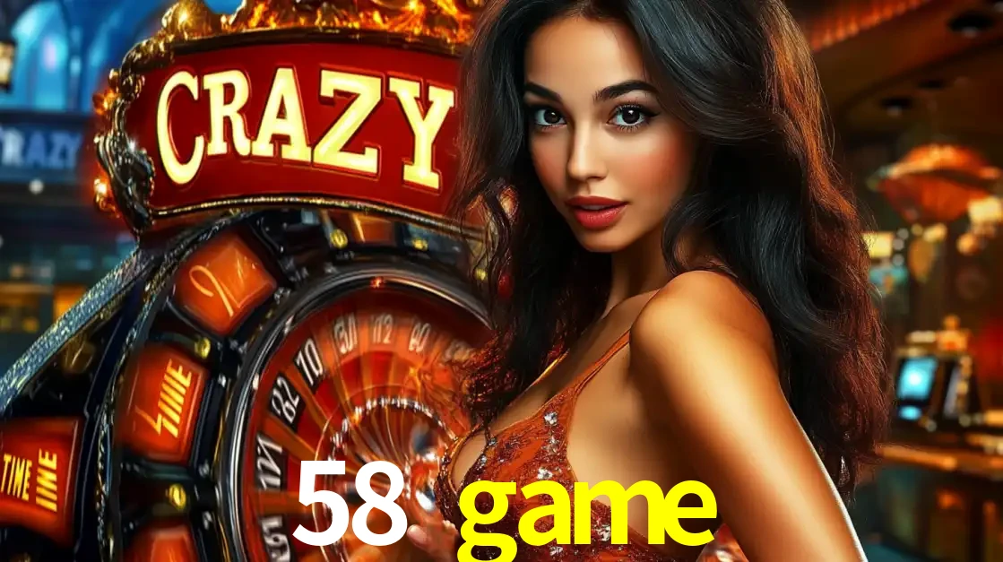 Mulher glamourosa olhando para a câmera com a roda vermelha do Crazy Time ao fundo em um ambiente de cassino, destacando a emoção dos jogos ao vivo no 58 game.