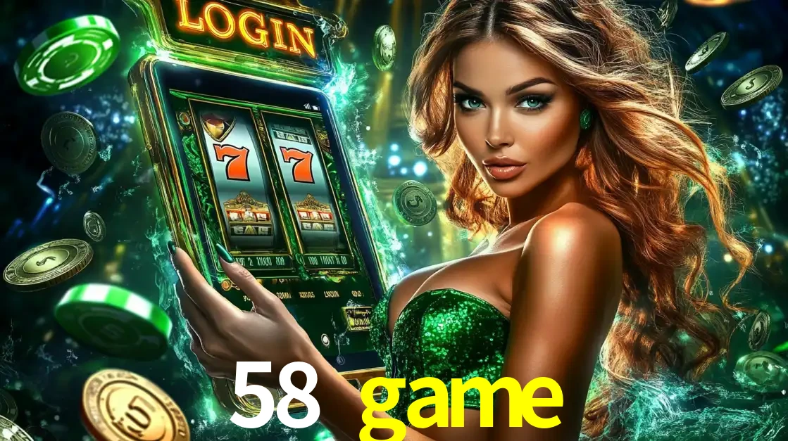 Mulher com tema verde apresentando o aplicativo do cassino 58 game com um jogo de slot de 777, cercada por fichas de cassino e uma aura de sorte.