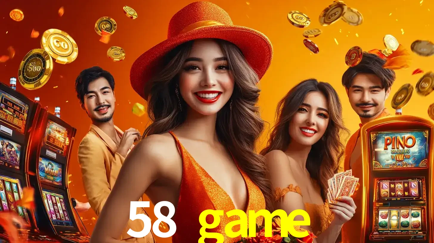 Grupo de amigos asiáticos sorrindo e se divertindo com máquinas de caça-níqueis em um ambiente festivo, celebrando suas vitórias nos jogos de cassino do 58 game.