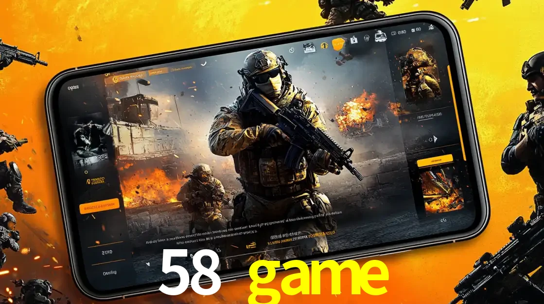 Um smartphone exibindo a interface de um jogo de tiro em primeira pessoa, com um soldado em um cenário de batalha, representando a ação dos e-sports para apostar no 58 game.