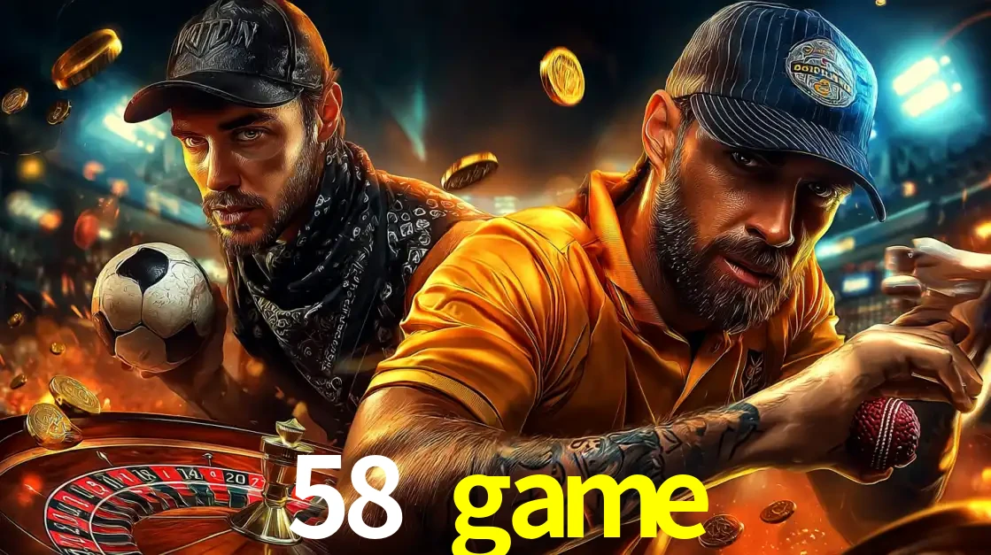 Montagem de apostas esportivas e cassino no 58 game, com um homem segurando uma bola de futebol e outro uma de beisebol sobre uma roleta e moedas voadoras.