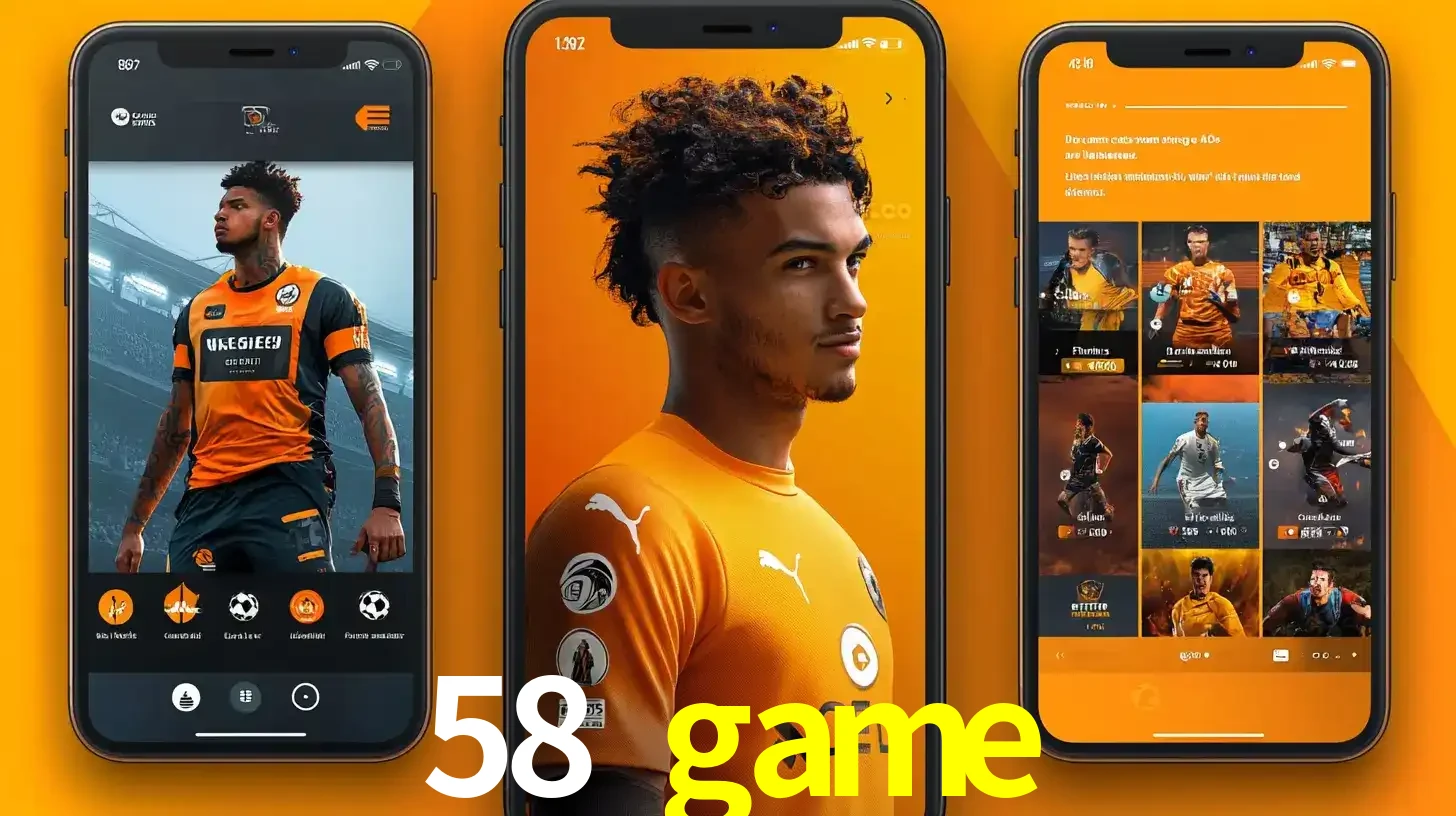 Interface do aplicativo de apostas esportivas 58 game em três telas de celular, mostrando o perfil de um jogador de futebol e a lista de jogos disponíveis para apostar.