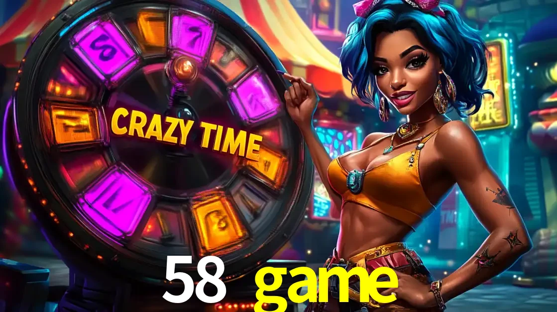 Mulher estilizada com cabelo azul e visual vibrante posando ao lado da roda de prêmios do game show Crazy Time, convidando para a diversão e os bônus do cassino 58 game.