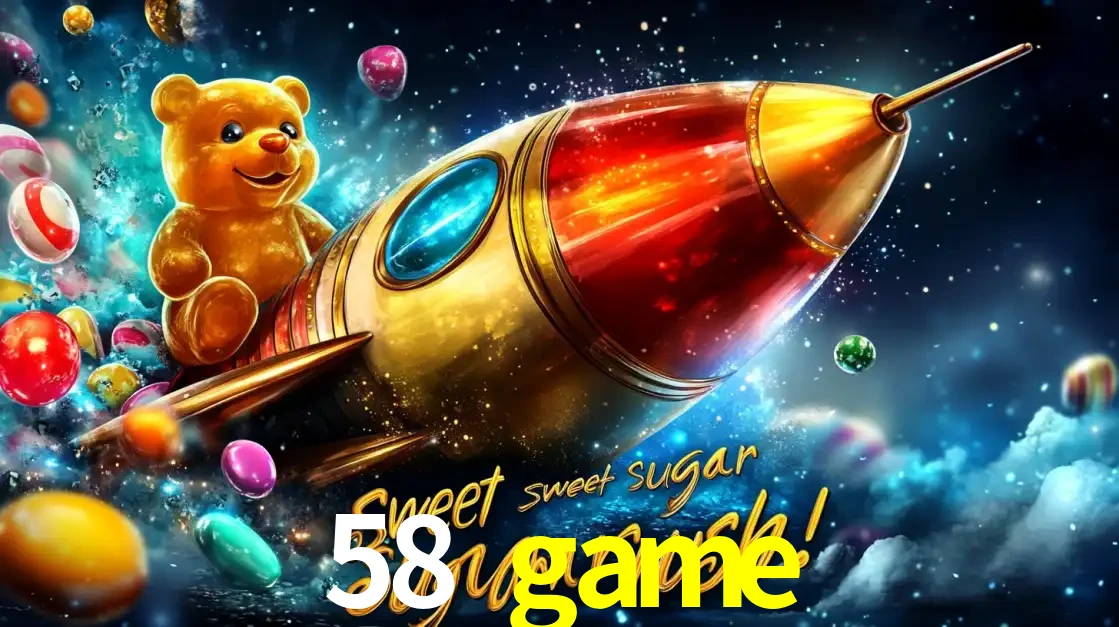 Arte promocional do jogo de slot Sugar Rush, com um urso de pelúcia em um foguete viajando pelo espaço de doces, um dos jogos divertidos disponíveis no cassino 58 game.
