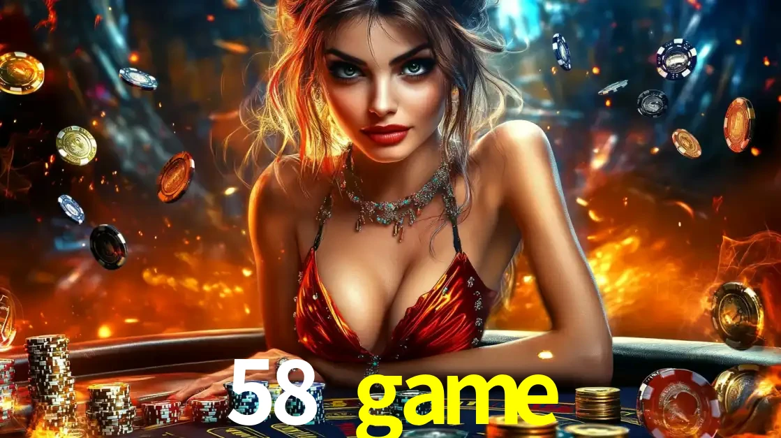 Mulher em uma mesa de cassino com pilhas de fichas e um fundo de fogo, pronta para uma rodada de altas apostas nos jogos de mesa emocionantes do cassino 58 game.