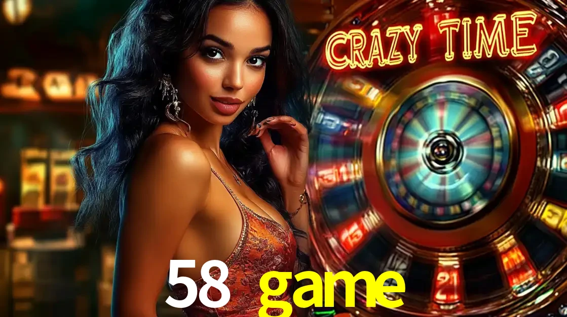 Mulher elegante ao lado da vibrante roda da fortuna do jogo de cassino ao vivo Crazy Time, um dos game shows mais populares e cheios de prêmios do 58 game.