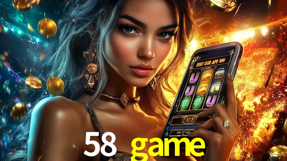 Mulher elegante mostrando um jogo de caça-níqueis em seu smartphone, destacando a experiência de cassino móvel oferecida pelo aplicativo 58 game.
