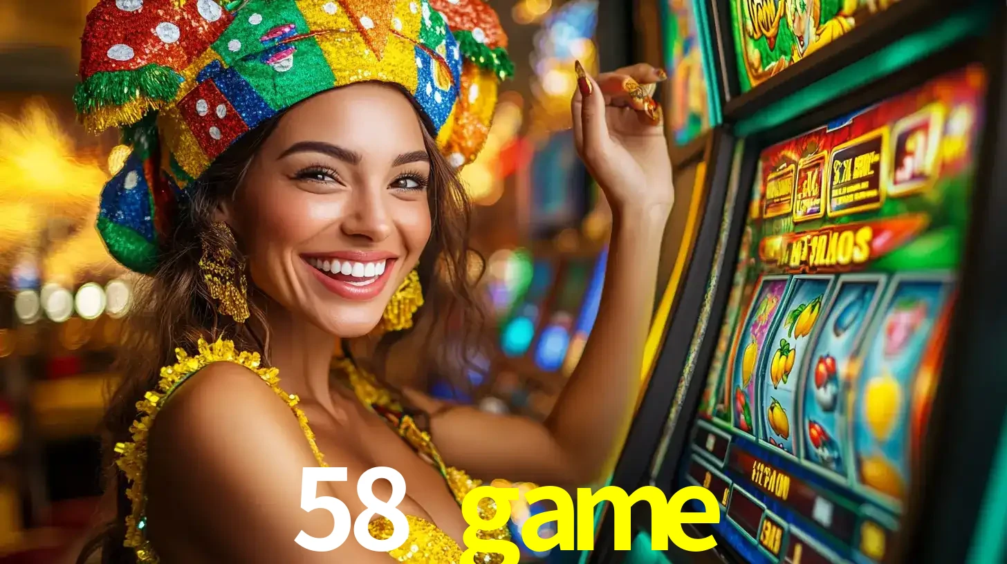 Mulher feliz com traje de carnaval amarelo e colorido ao lado de uma máquina de caça-níqueis, aproveitando a diversão e os jogos temáticos do cassino 58 game.
