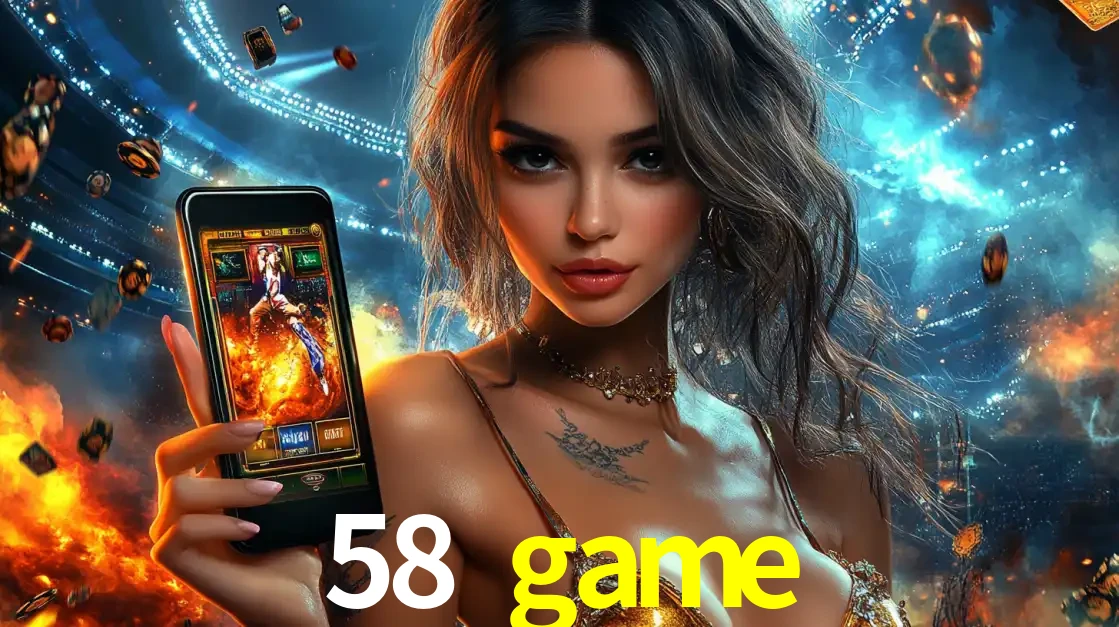 Mulher segurando um celular com um jogo de slot em destaque, tendo como fundo um estádio vibrante, simbolizando a emoção de jogar no cassino móvel 58 game.