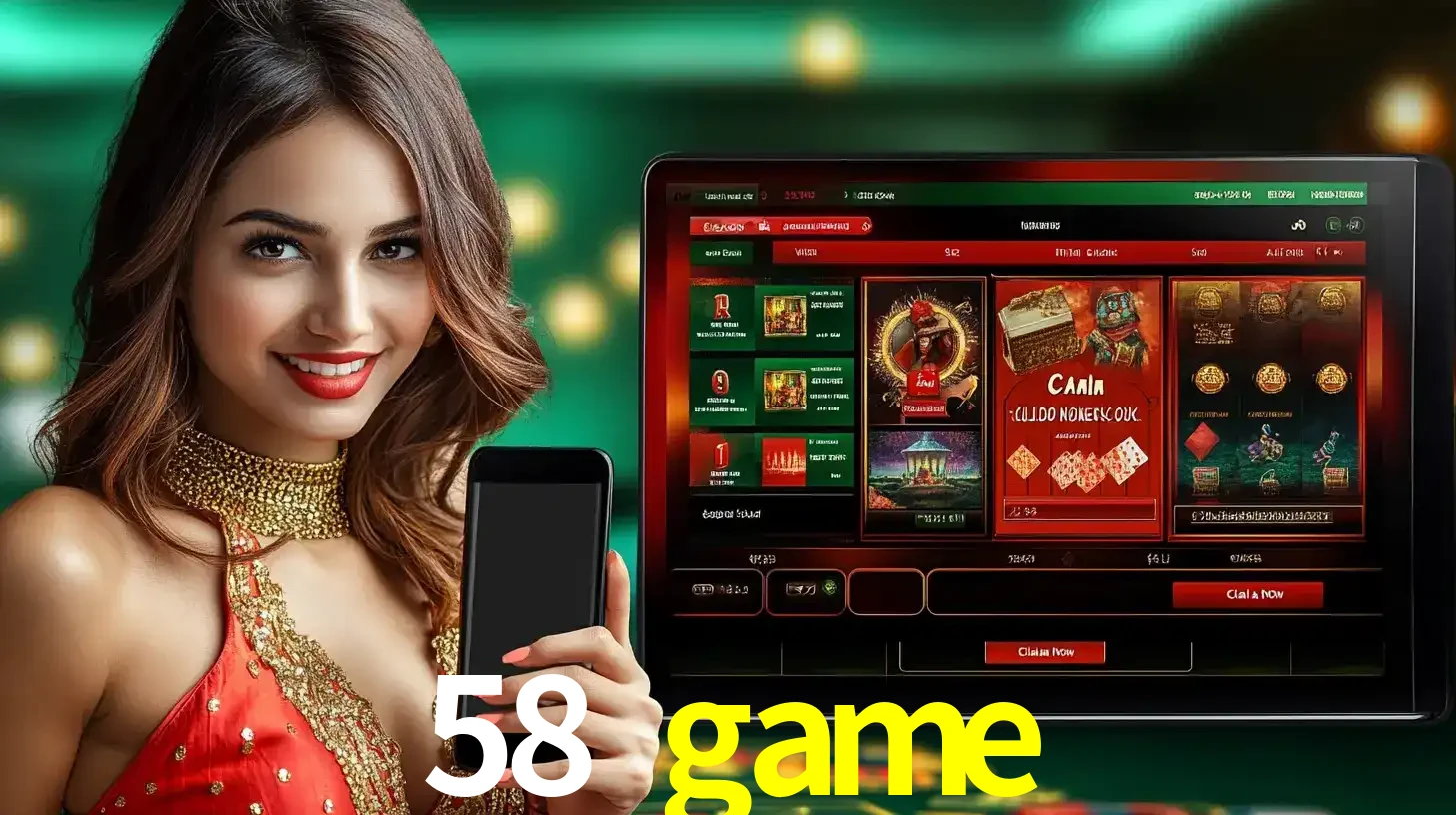 Mulher sorridente segurando um smartphone, ao lado de uma tela exibindo o lobby de jogos do cassino online 58 game, com várias opções de jogos de cartas e slots.